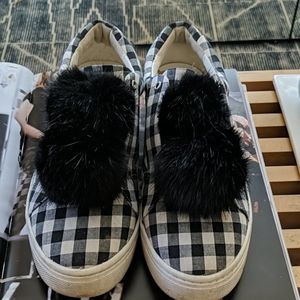Gingham slipon with faux fur pom pom